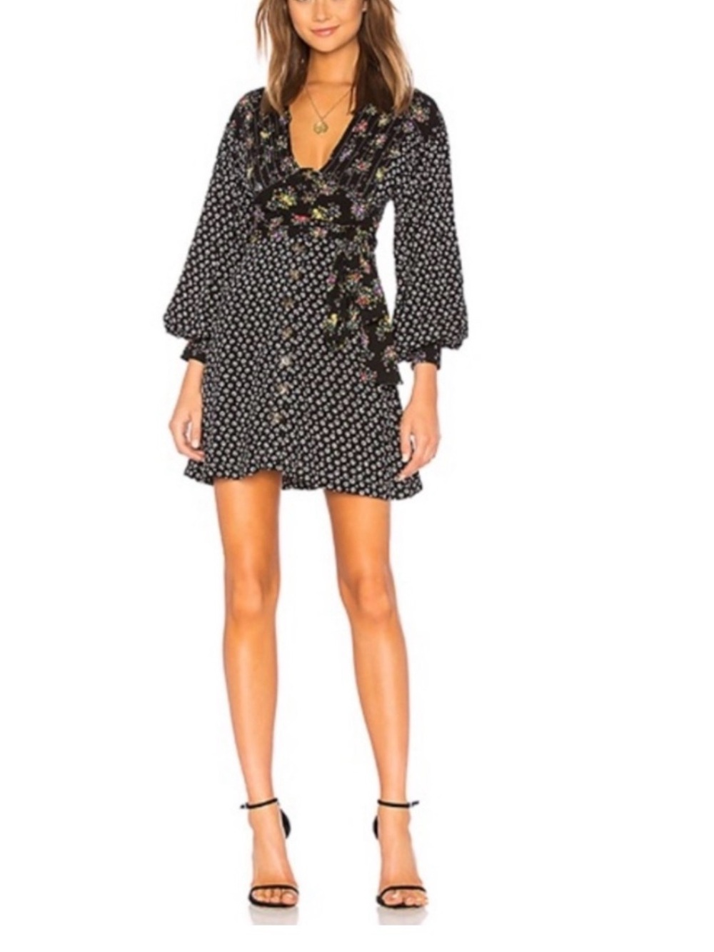 Free People Wonderland Print Mini Dress Black Cream Floral Boho S Boho Chic